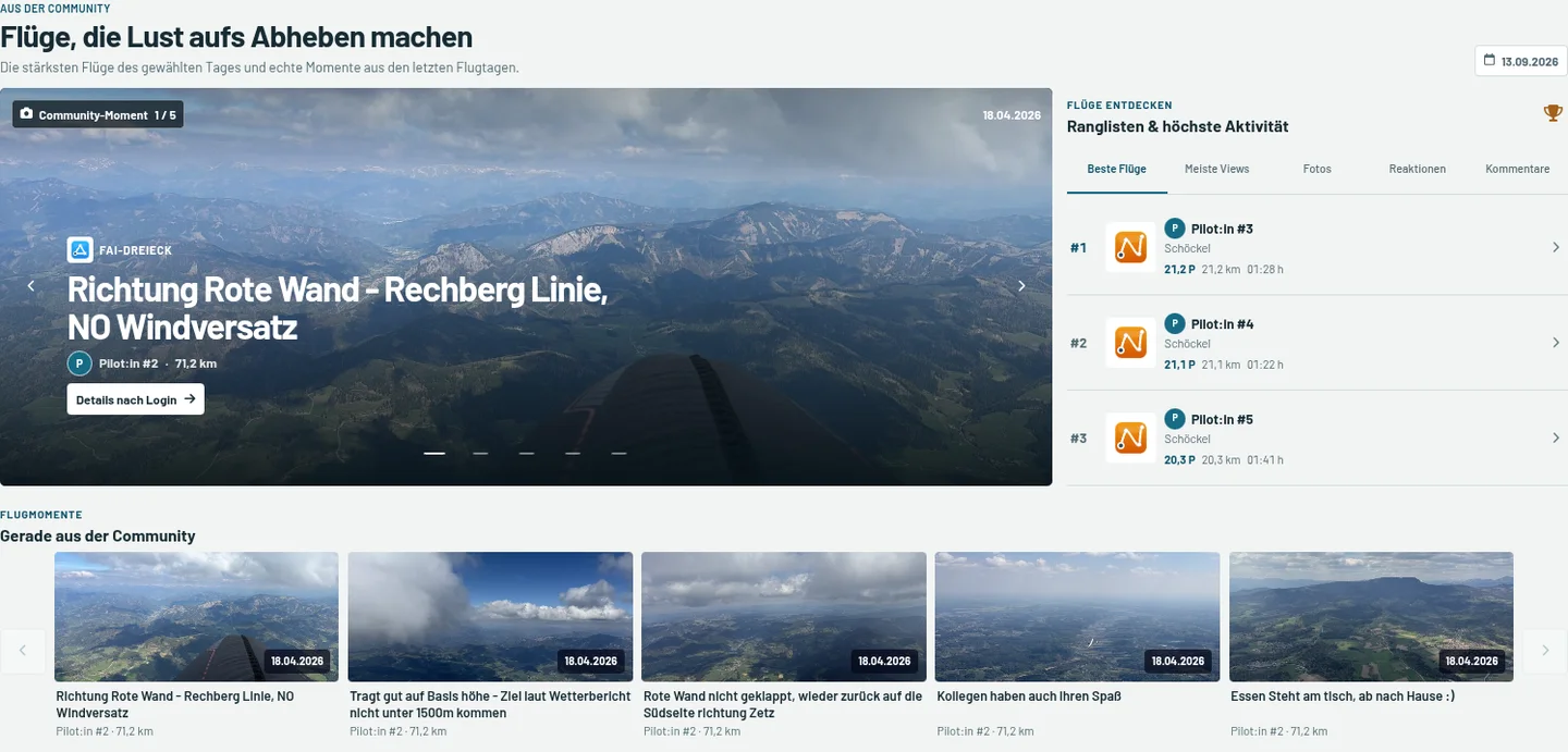 Öffentliche beyondXC-Flugübersicht mit Flugfotos, Rangliste und Flugdaten