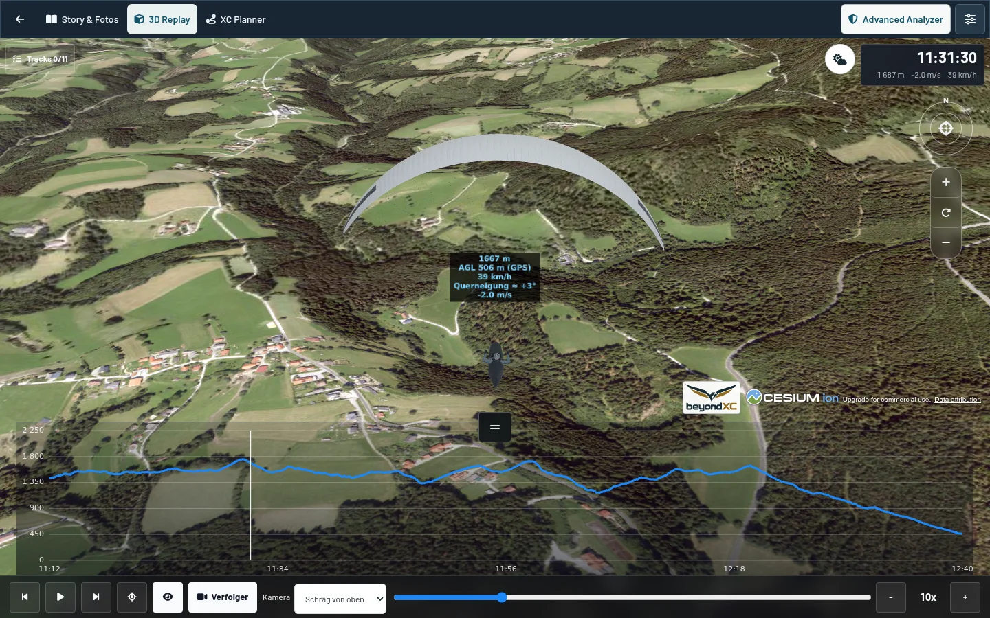 beyondXC 3D-Replay mit Flugspur im Gelände, Höhenprofil und Flugdaten