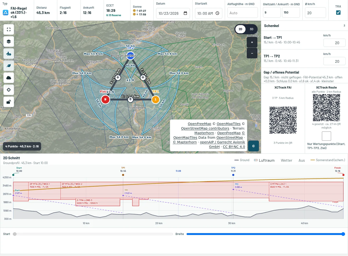 beyondXC XC Planner mit geplanter Dreiecksroute, Geländekarte und Höhenprofil
